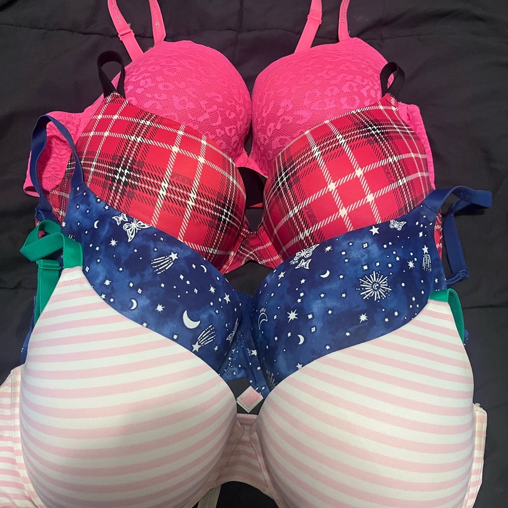 4- PINK Victoria's Secret Bra Set - Pink, Red Plaid, Blue Starry, Pink Striped